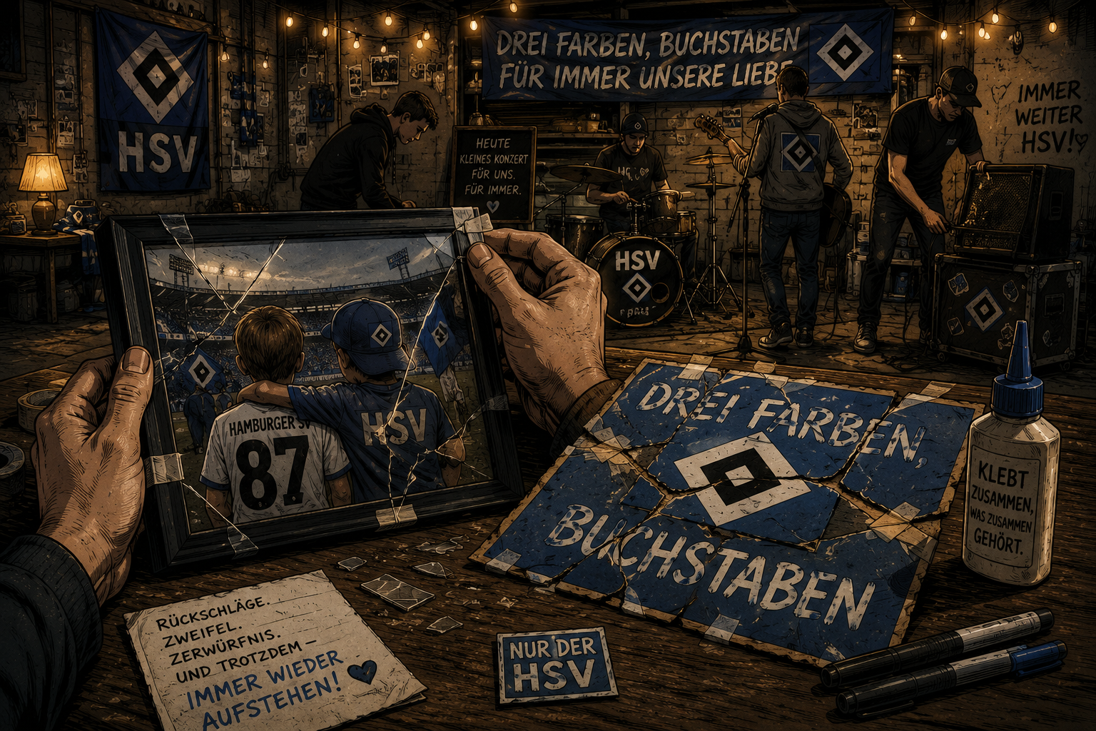 Comicartige Illustration einer beschädigten und wieder zusammengesetzten HSV-Erinnerung als Symbol für Rückschläge und Zusammenhalt